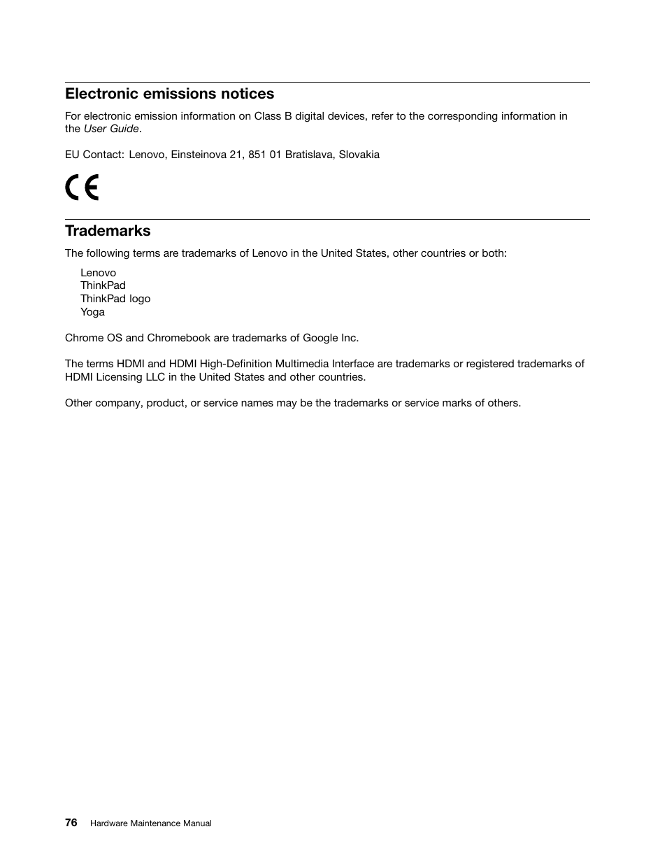 Electronic emissions notices, Trademarks | Lenovo ThinkPad Yoga 11e Chromebook User Manual | Page 82 / 84