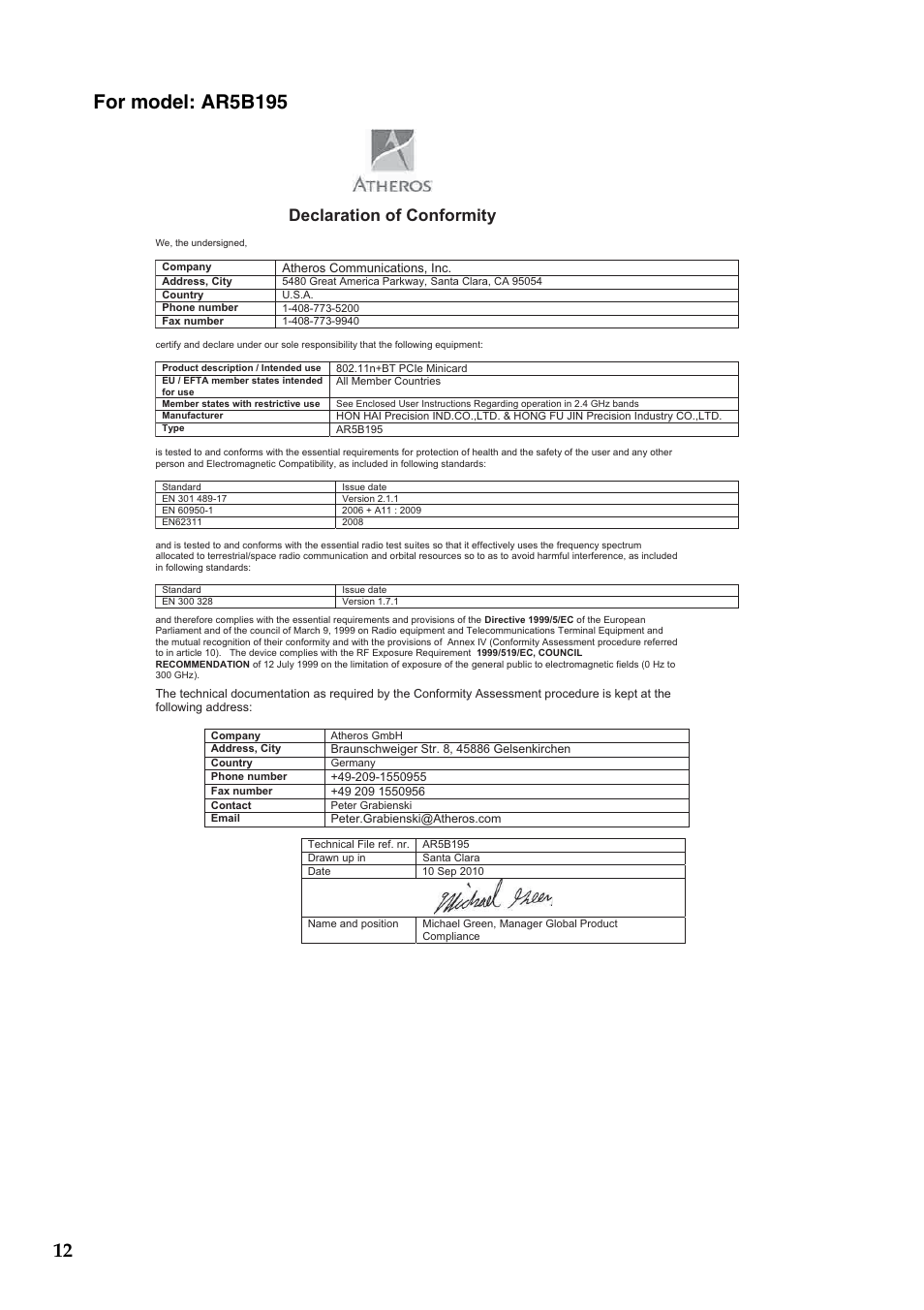 Declaration of conformity | Lenovo IdeaPad S400u Notebook User Manual | Page 12 / 16