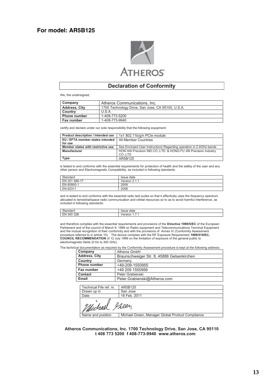 Declaration of conformity, Atheros communications, inc | Lenovo IdeaPad S400u Notebook User Manual | Page 13 / 16