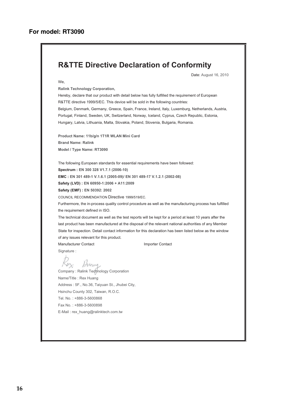 R&tte directive declaration of conformity | Lenovo IdeaPad S400u Notebook User Manual | Page 16 / 16