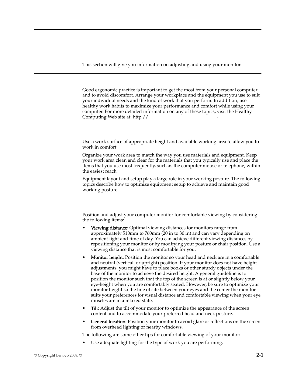Chapter 2. adjusting and using your monitor, Comfort and accessibility, Arranging your work area | Positioning your monitor, Chapte, Comfort and accessibility -1, Positioning and viewing your monitor -1 | Lenovo L195 Wide Flat Panel Monitor User Manual | Page 10 / 30