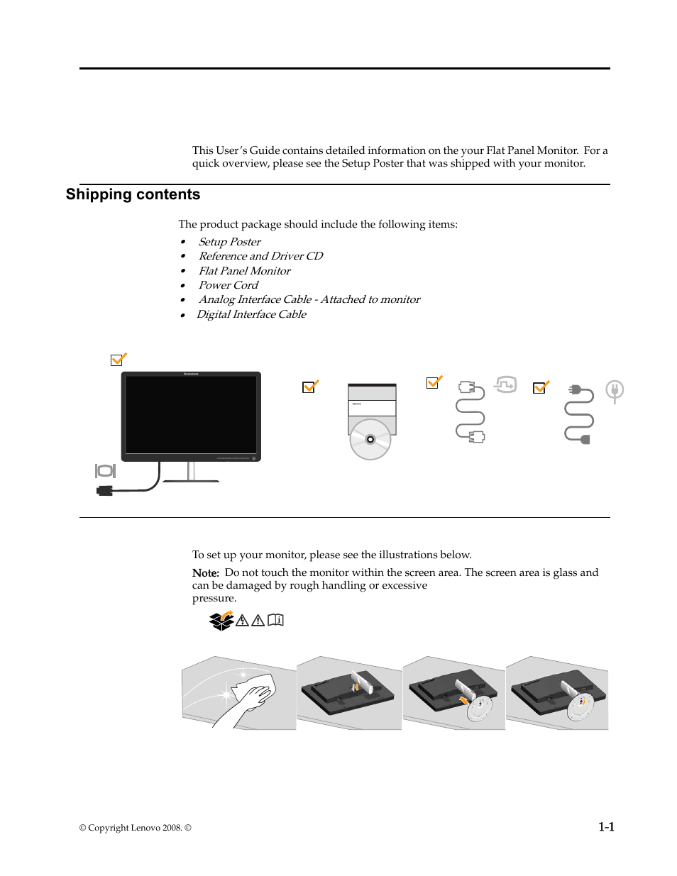 Chapter 1. getting started, Shipping contents, Attaching the base and handling your monitor | Lenovo L195 Wide Flat Panel Monitor User Manual | Page 5 / 30