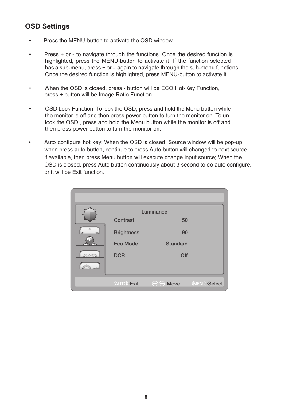 Osd settings | Lenovo ThinkVision E2001b 19.5 LED TFT Monitor User Manual | Page 10 / 15