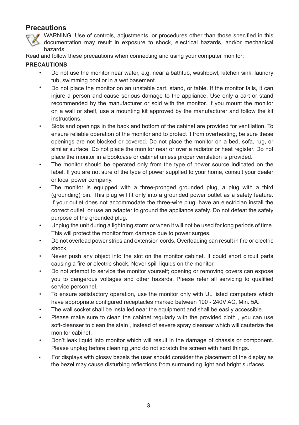 Precautions | Lenovo ThinkVision E2001b 19.5 LED TFT Monitor User Manual | Page 5 / 15