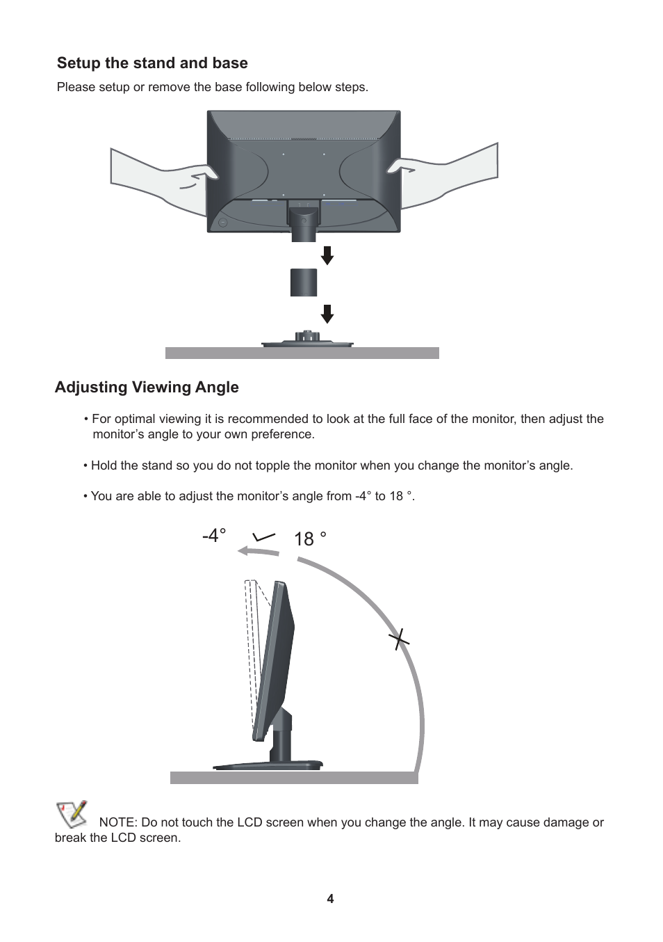 Setup the stand and base, Adjusting viewing angle | Lenovo ThinkVision E2001b 19.5 LED TFT Monitor User Manual | Page 6 / 15