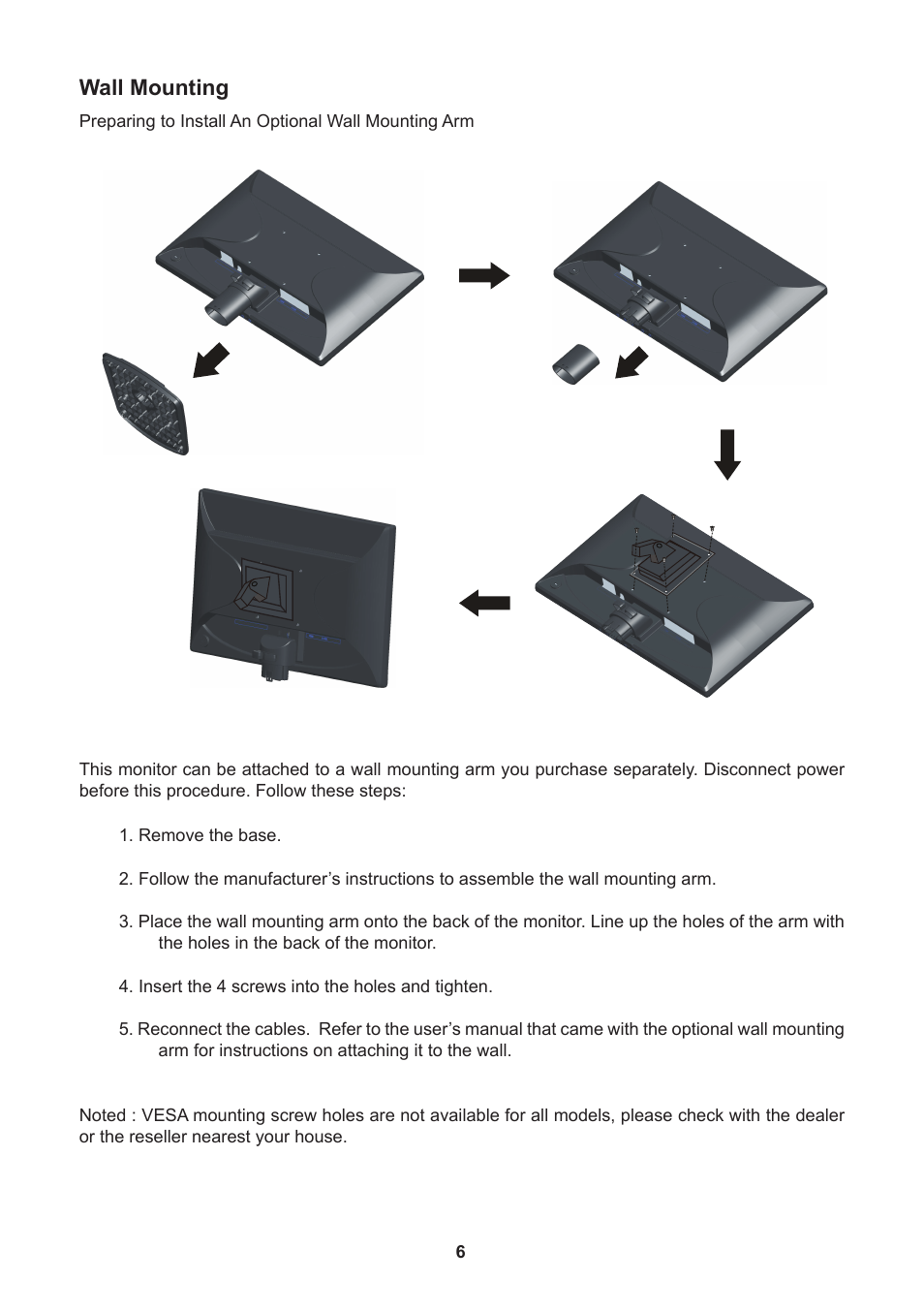 Wall mounting | Lenovo ThinkVision E2001b 19.5 LED TFT Monitor User Manual | Page 8 / 15