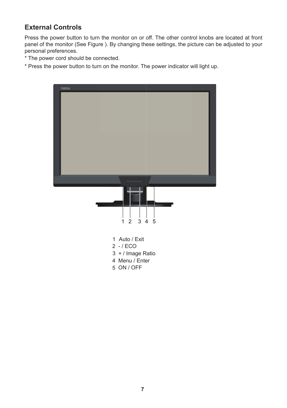 External controls | Lenovo ThinkVision E2001b 19.5 LED TFT Monitor User Manual | Page 9 / 15