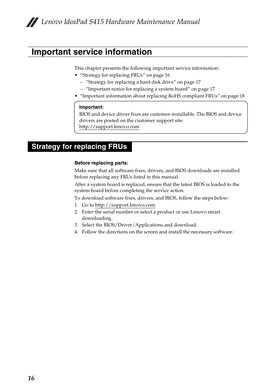 Important service information, Strategy for replacing frus, Lenovo ideapad s415 hardware maintenance manual | Lenovo IdeaPad S415 Notebook User Manual | Page 20 / 78