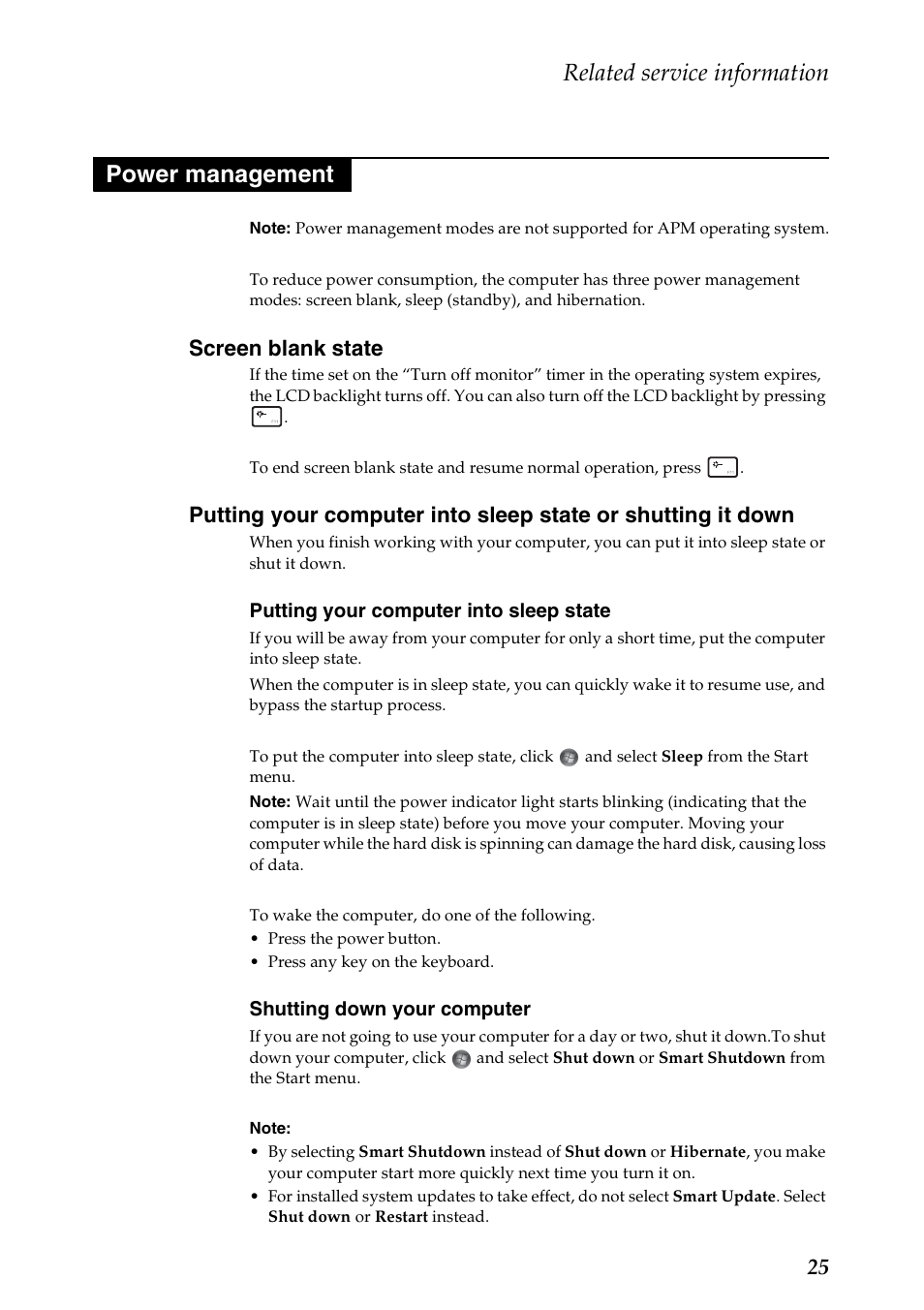 Power management, Screen blank state, Related service information | Lenovo IdeaPad S415 Notebook User Manual | Page 29 / 78