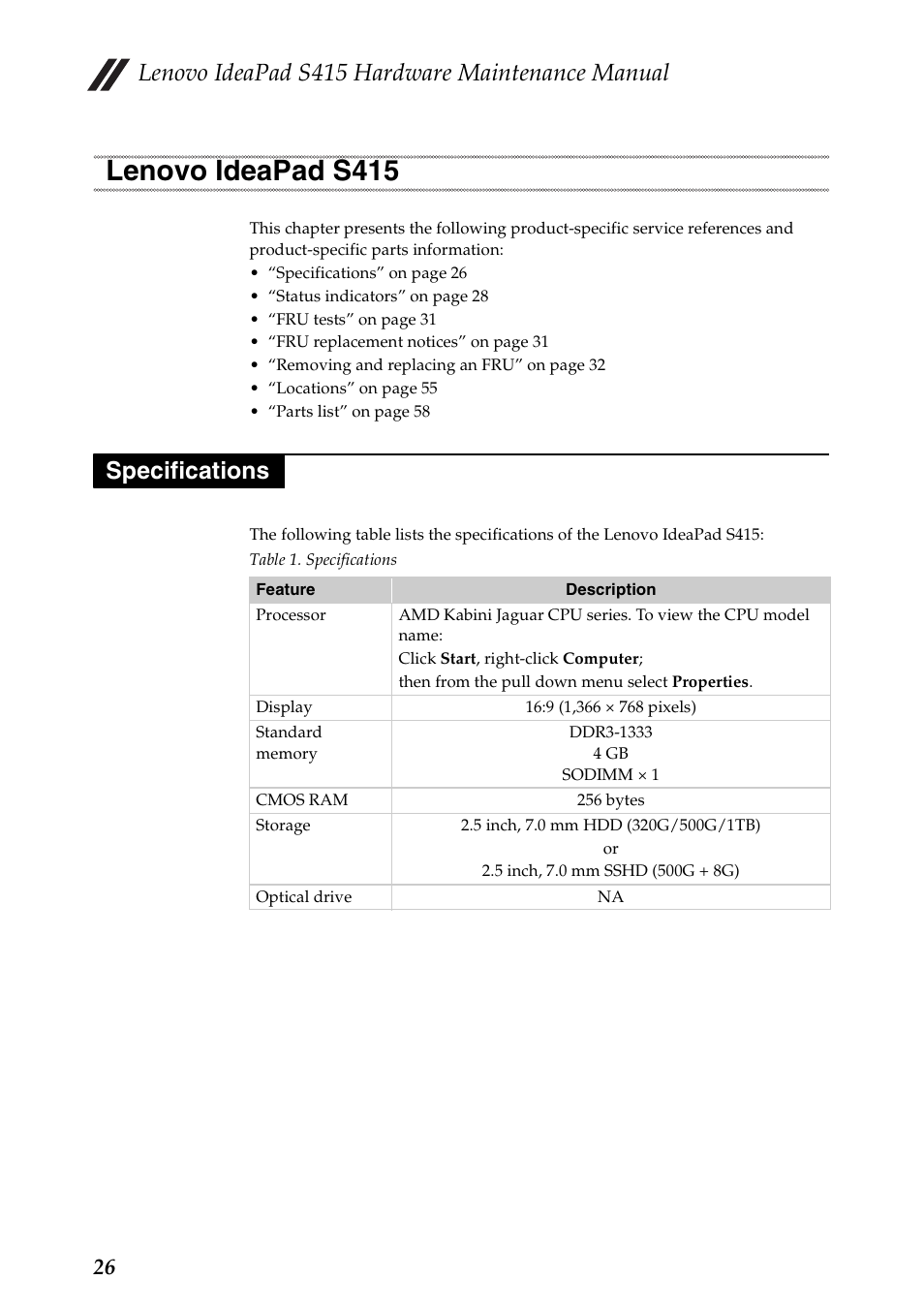 Lenovo ideapad s415, Specifications, Lenovo ideapad s415 specifications | Lenovo ideapad s415 hardware maintenance manual | Lenovo IdeaPad S415 Notebook User Manual | Page 30 / 78