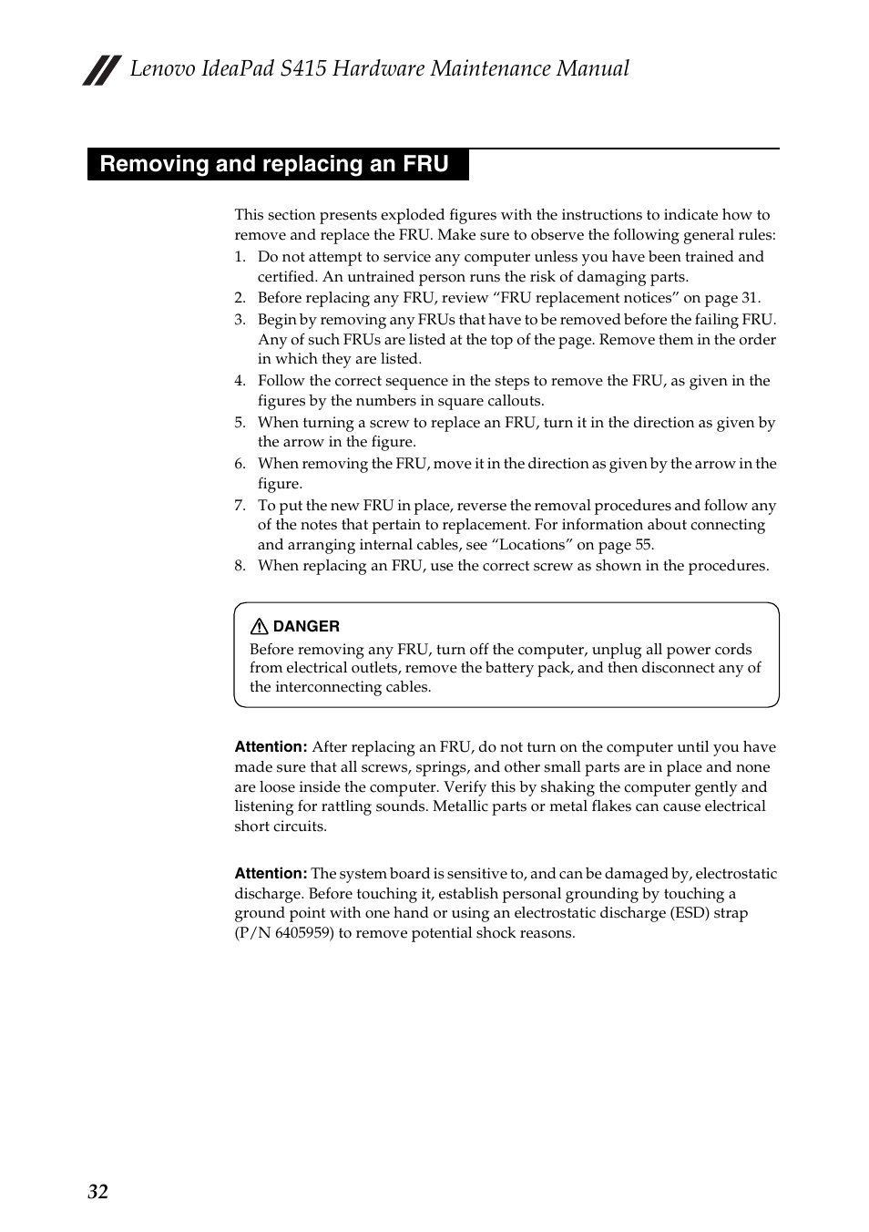 Removing and replacing an fru, Lenovo ideapad s415 hardware maintenance manual | Lenovo IdeaPad S415 Notebook User Manual | Page 36 / 78