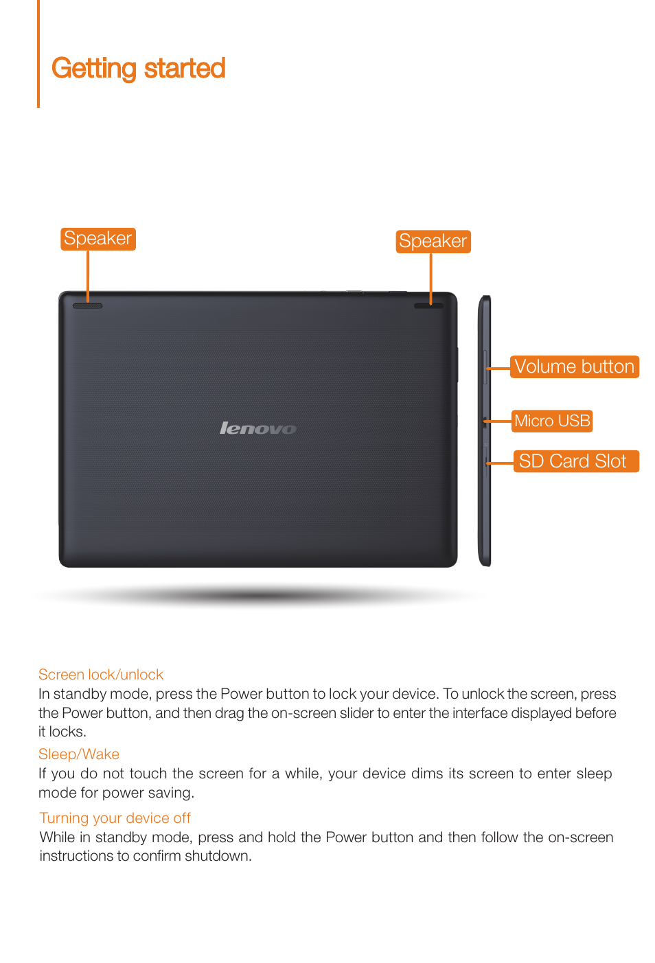 Getting started | Lenovo S6000L Tablet User Manual | Page 3 / 12