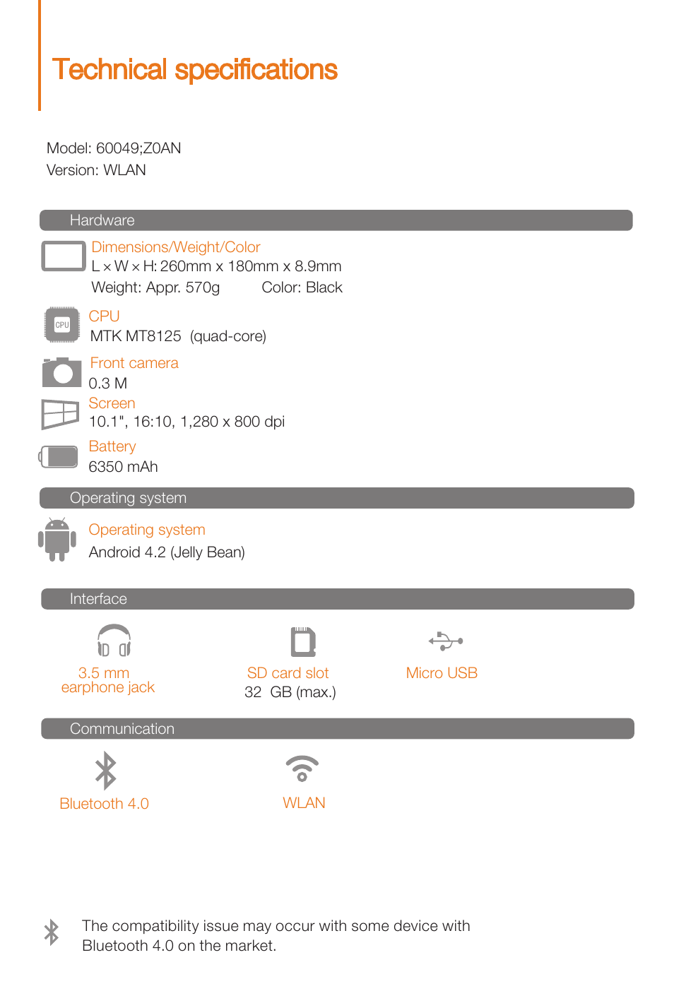 Technical specifications, Volume button | Lenovo S6000L Tablet User Manual | Page 4 / 12