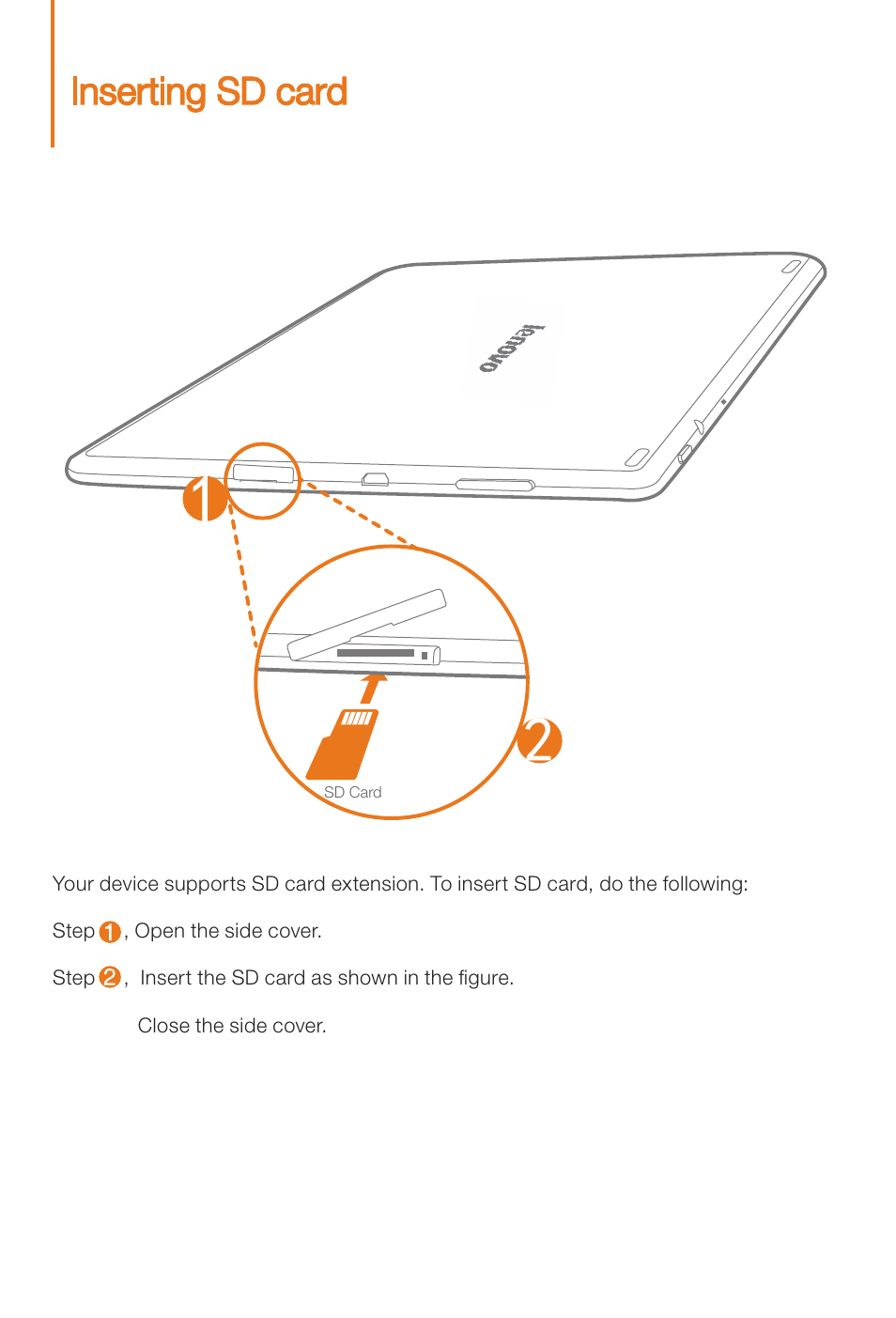 Inserting sd card | Lenovo S6000L Tablet User Manual | Page 6 / 12