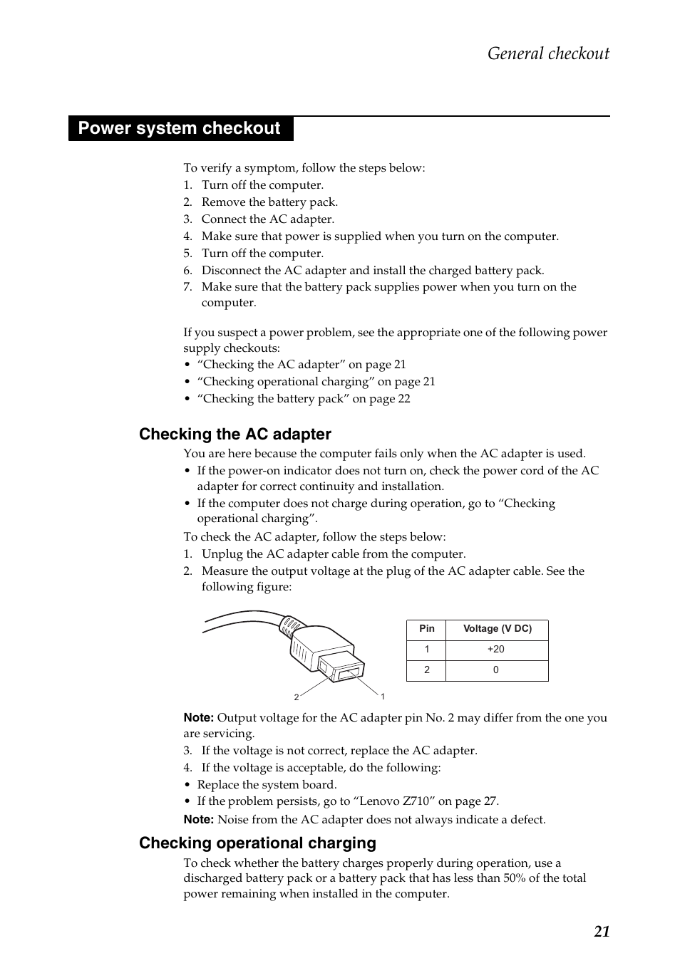 Power system checkout, Checking the ac adapter, Checking operational charging | General checkout | Lenovo IdeaPad Z710 Notebook User Manual | Page 25 / 95