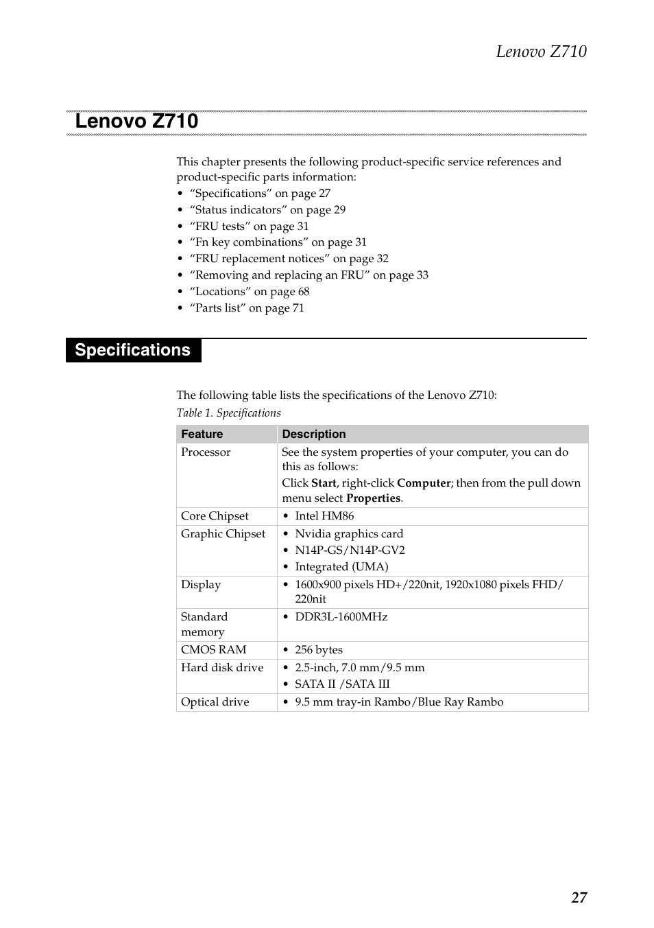 Lenovo z710, Specifications, Lenovo z710 specifications | Lenovo IdeaPad Z710 Notebook User Manual | Page 31 / 95