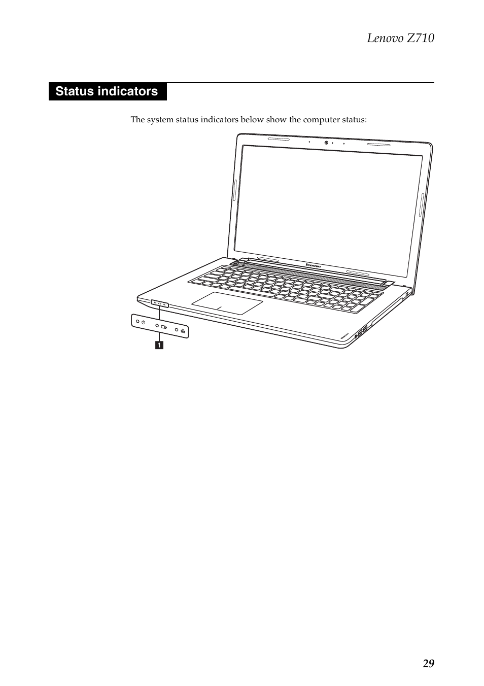 Status indicators, Lenovo z710 | Lenovo IdeaPad Z710 Notebook User Manual | Page 33 / 95