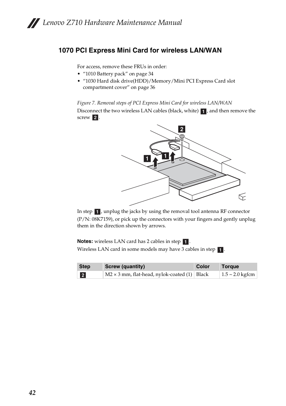 1070 pci express mini card for wireless lan/wan, Lenovo z710 hardware maintenance manual, Ba a | Lenovo IdeaPad Z710 Notebook User Manual | Page 46 / 95