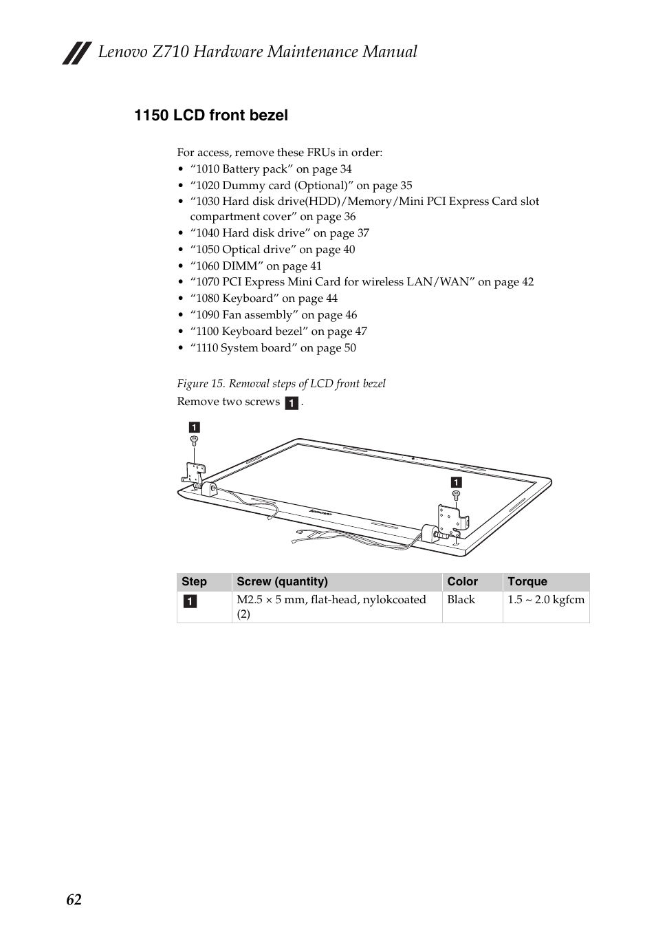 1150 lcd front bezel, Lenovo z710 hardware maintenance manual | Lenovo IdeaPad Z710 Notebook User Manual | Page 66 / 95