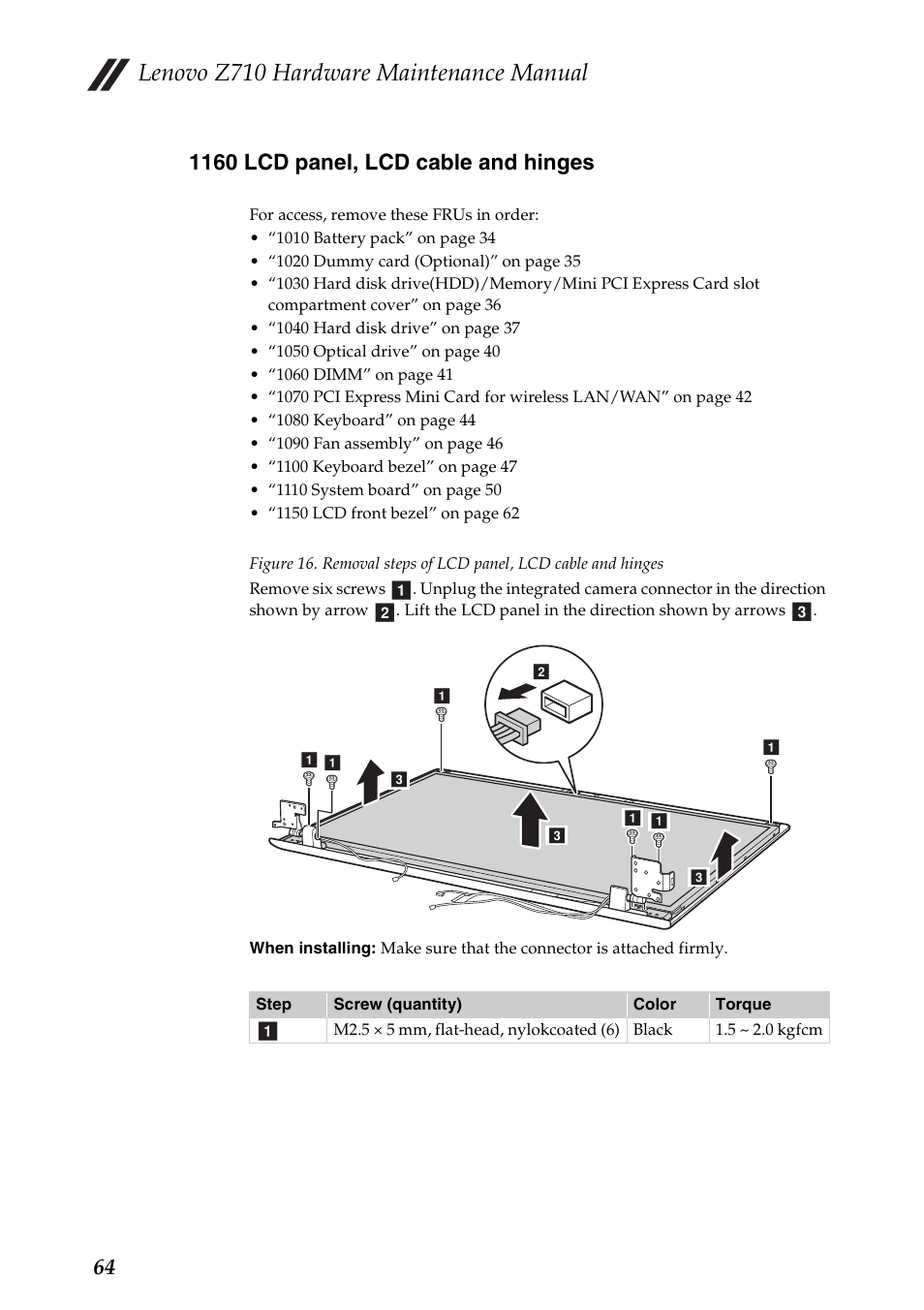 1160 lcd panel, lcd cable and hinges, Lenovo z710 hardware maintenance manual | Lenovo IdeaPad Z710 Notebook User Manual | Page 68 / 95