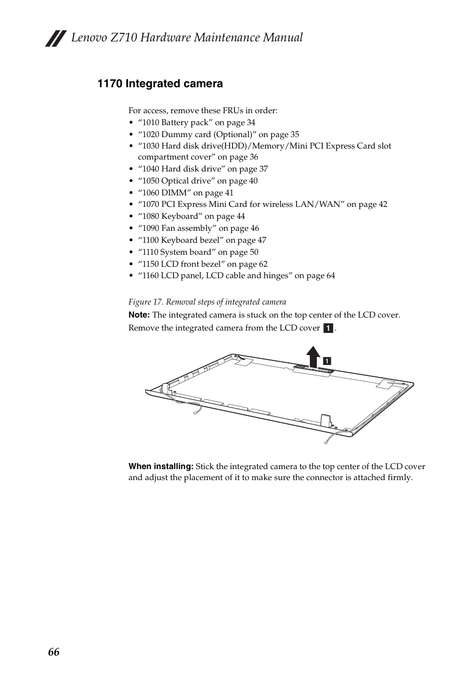 1170 integrated camera, Lenovo z710 hardware maintenance manual | Lenovo IdeaPad Z710 Notebook User Manual | Page 70 / 95