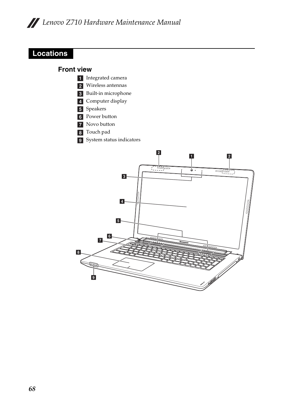 Locations, Front view, Lenovo z710 hardware maintenance manual | 68 front view | Lenovo IdeaPad Z710 Notebook User Manual | Page 72 / 95