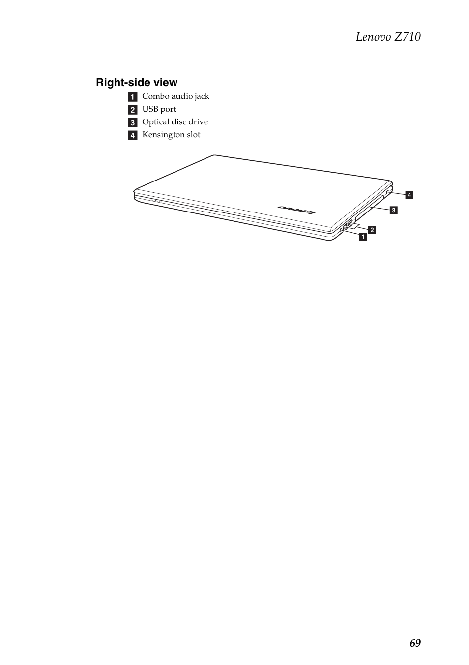 Right-side view, Lenovo z710, 69 right-side view | Lenovo IdeaPad Z710 Notebook User Manual | Page 73 / 95