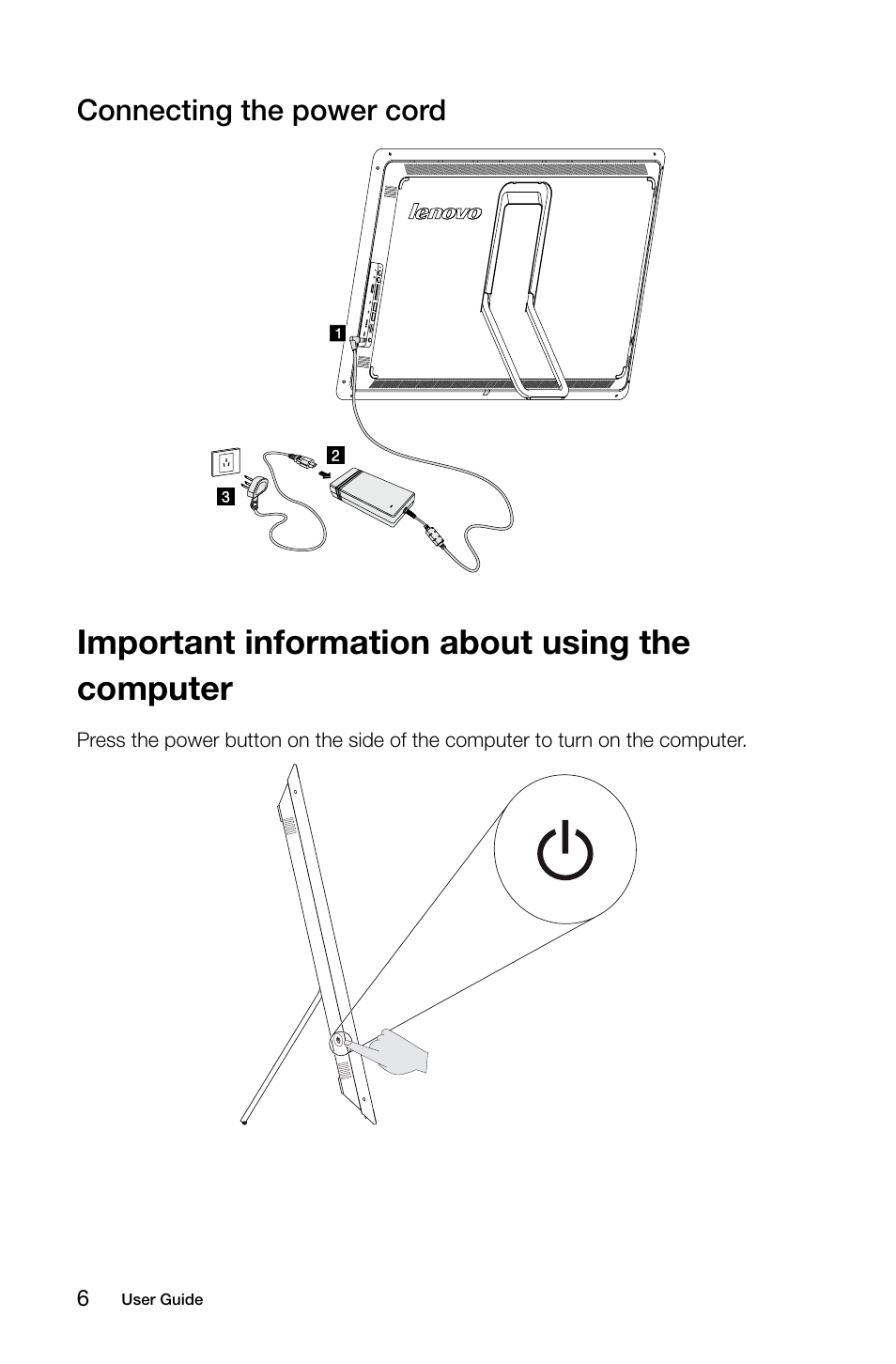 Important information about using the computer, Connecting the power cord | Lenovo Horizon 27 Table PC IdeaCentre User Manual | Page 11 / 47