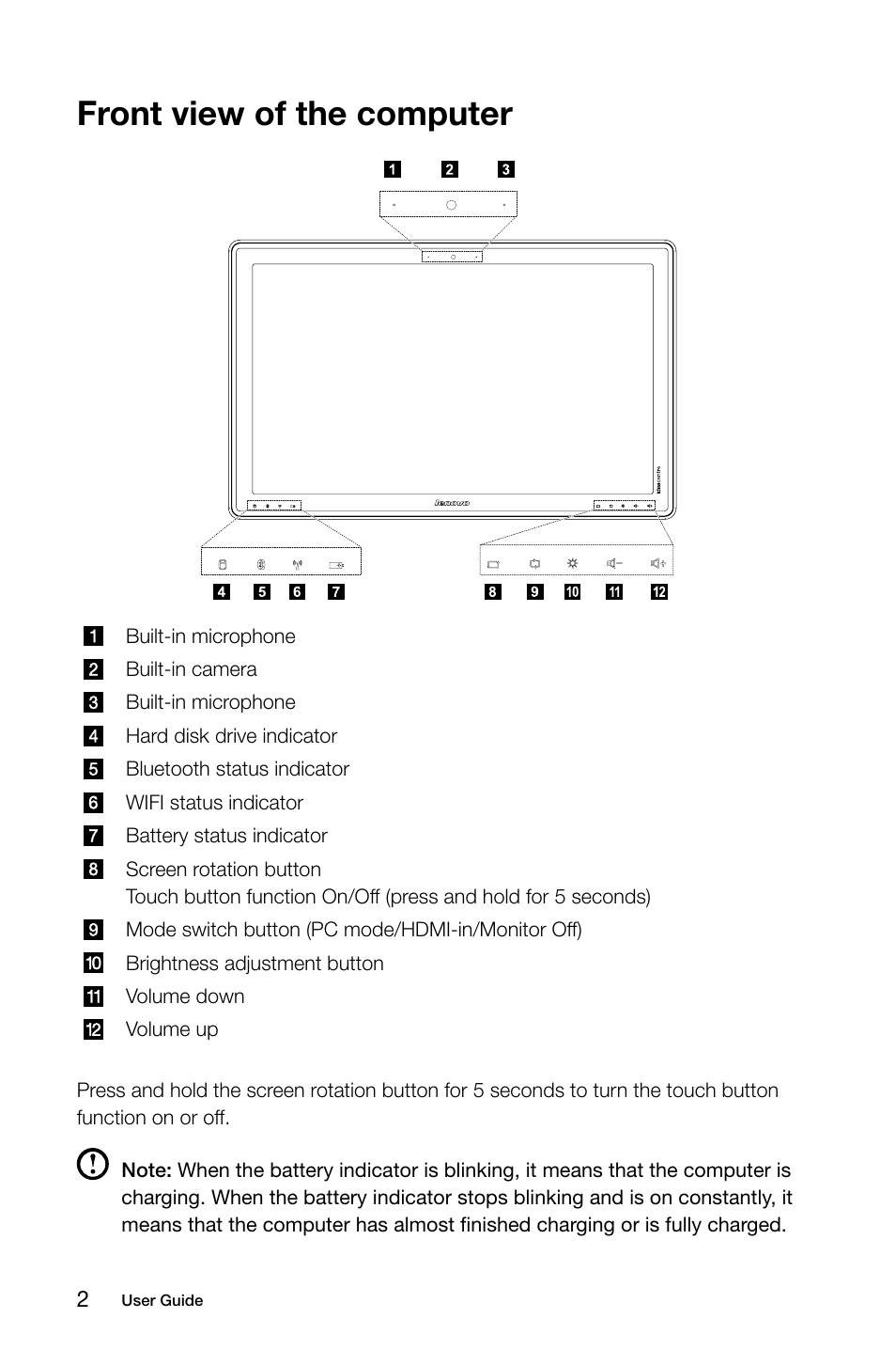 Front view of the computer | Lenovo Horizon 27 Table PC IdeaCentre User Manual | Page 7 / 47