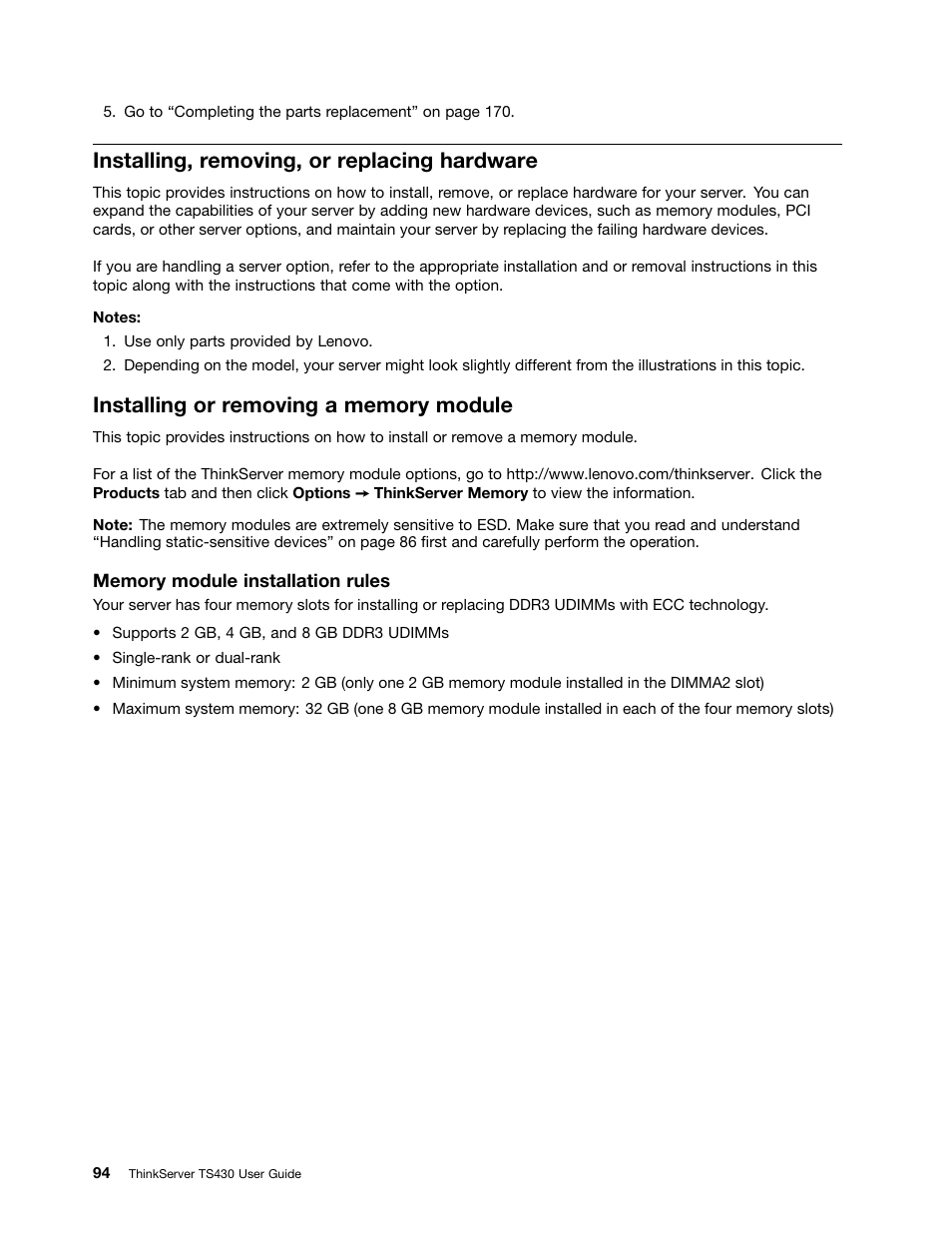 Installing, removing, or replacing hardware, Installing or removing a memory module | Lenovo ThinkServer TS430 User Manual | Page 106 / 222