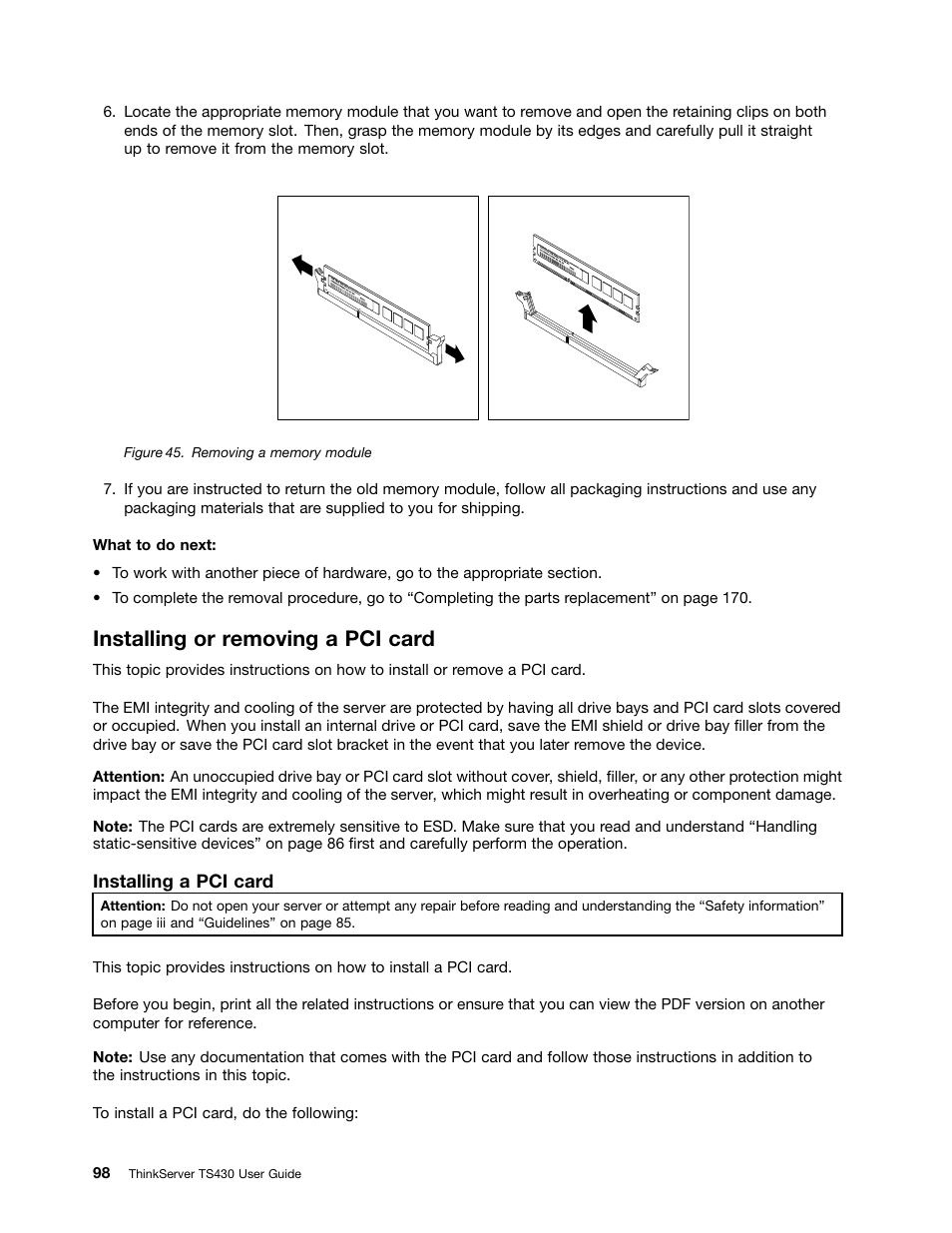 Installing or removing a pci card | Lenovo ThinkServer TS430 User Manual | Page 110 / 222