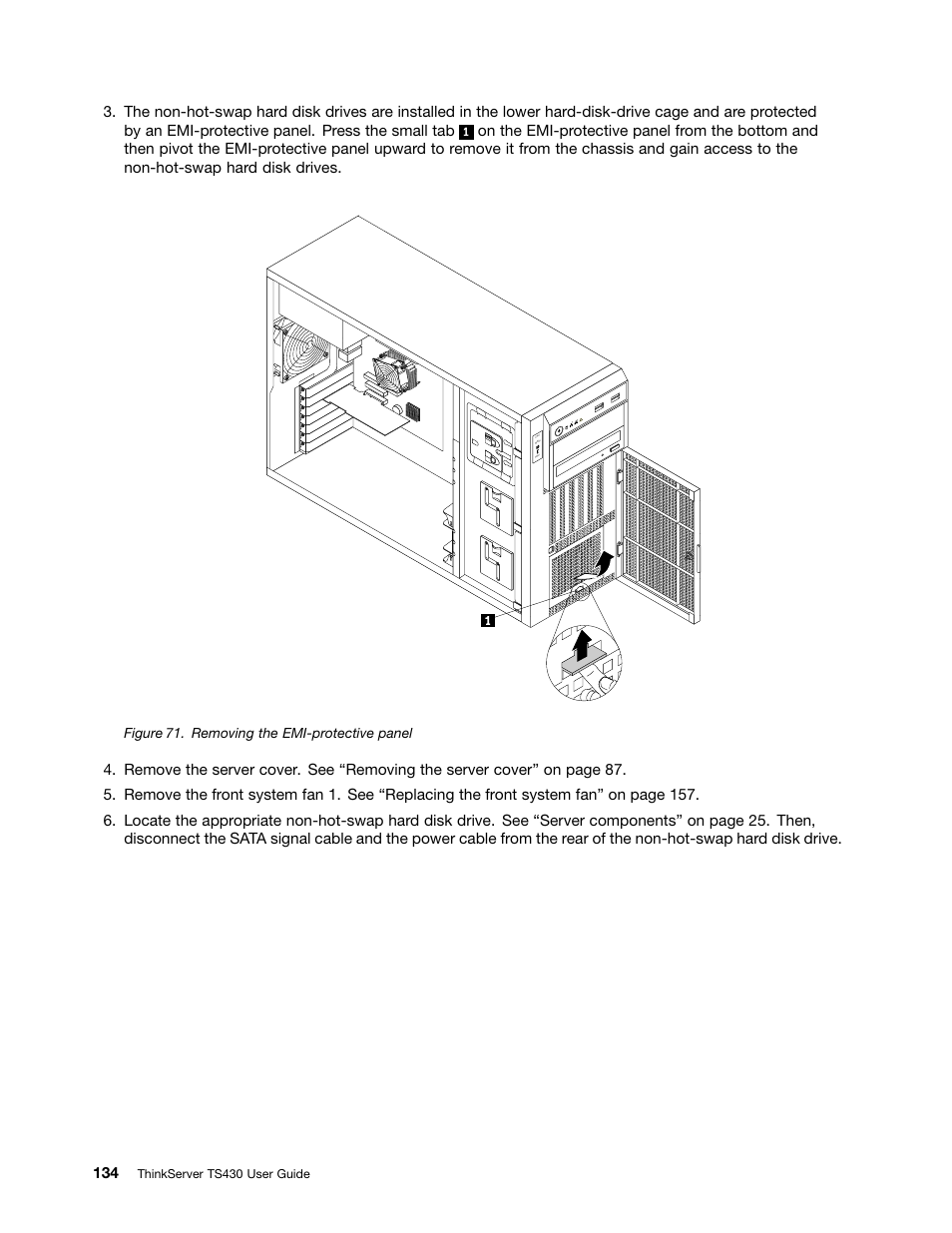 Figure 71. removing the emi-protective panel | Lenovo ThinkServer TS430 User Manual | Page 146 / 222