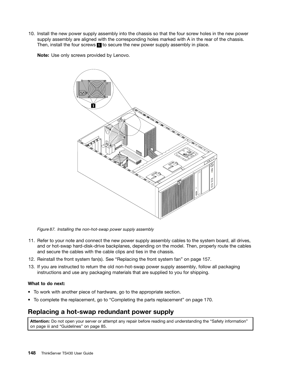 Replacing a hot-swap redundant power supply | Lenovo ThinkServer TS430 User Manual | Page 160 / 222