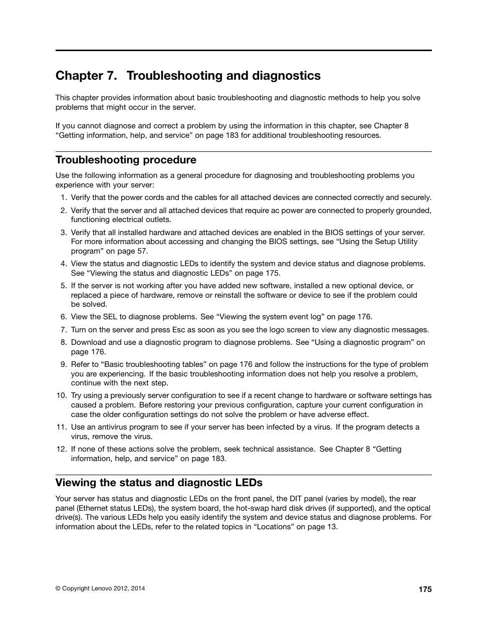 Chapter 7. troubleshooting and diagnostics, Troubleshooting procedure, Viewing the status and diagnostic leds | Lenovo ThinkServer TS430 User Manual | Page 187 / 222