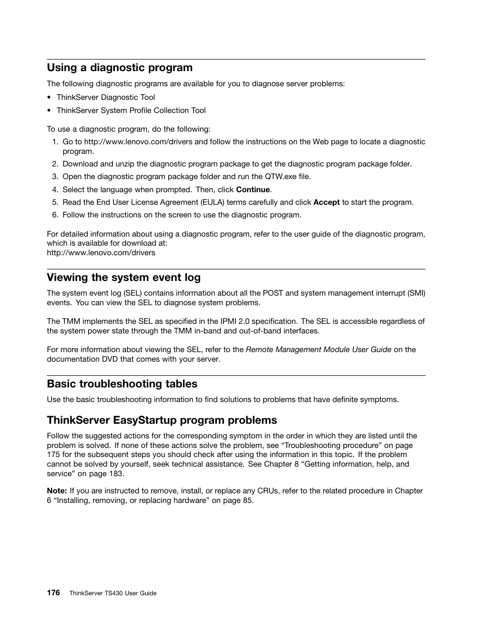 Using a diagnostic program, Viewing the system event log, Basic troubleshooting tables | Thinkserver easystartup program problems | Lenovo ThinkServer TS430 User Manual | Page 188 / 222