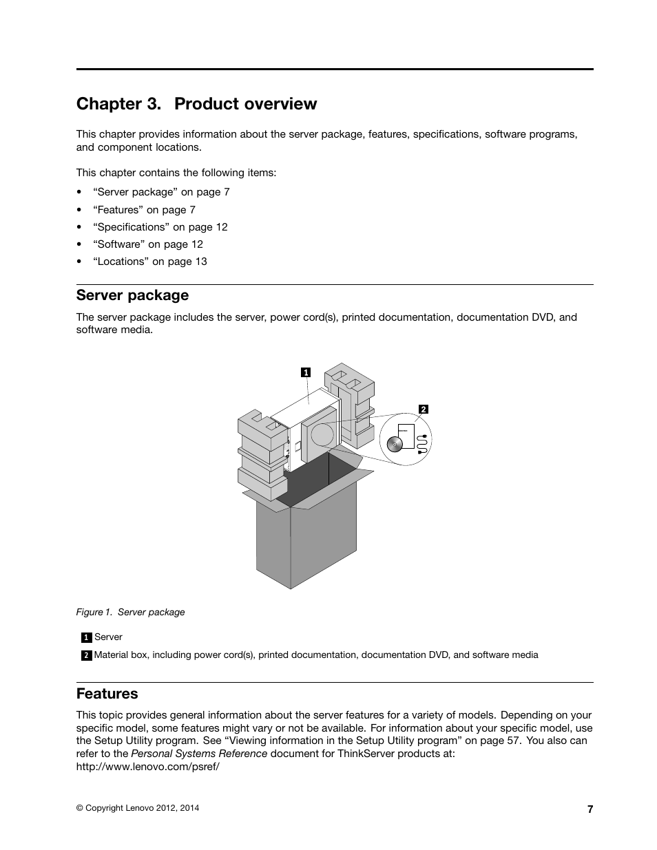 Chapter 3. product overview, Server package, Features | Lenovo ThinkServer TS430 User Manual | Page 19 / 222