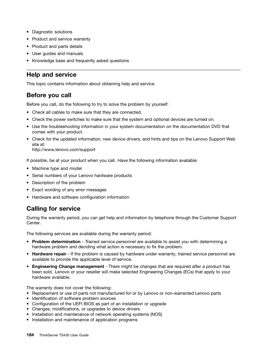 Help and service, Before you call, Calling for service | Lenovo ThinkServer TS430 User Manual | Page 196 / 222