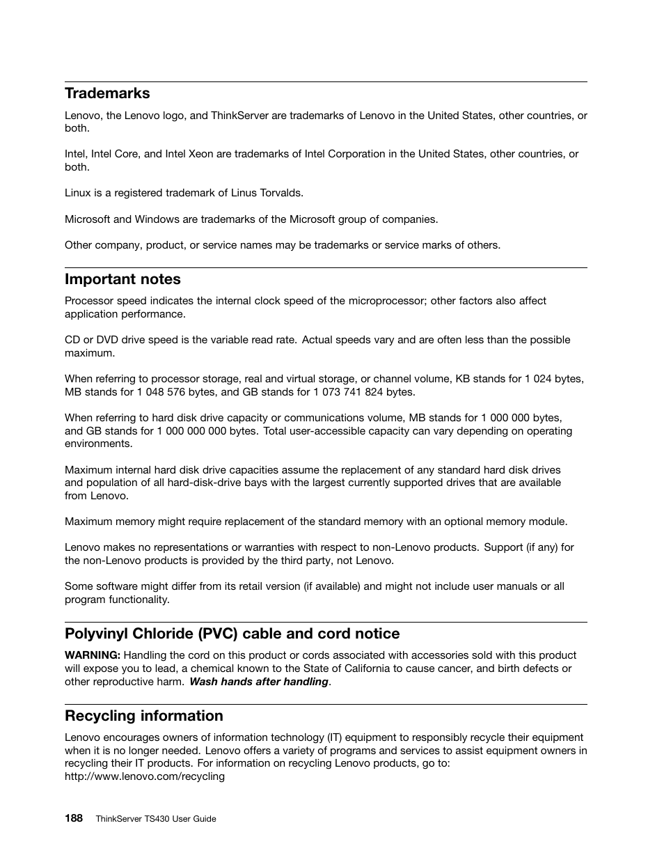 Trademarks, Important notes, Polyvinyl chloride (pvc) cable and cord notice | Recycling information | Lenovo ThinkServer TS430 User Manual | Page 200 / 222