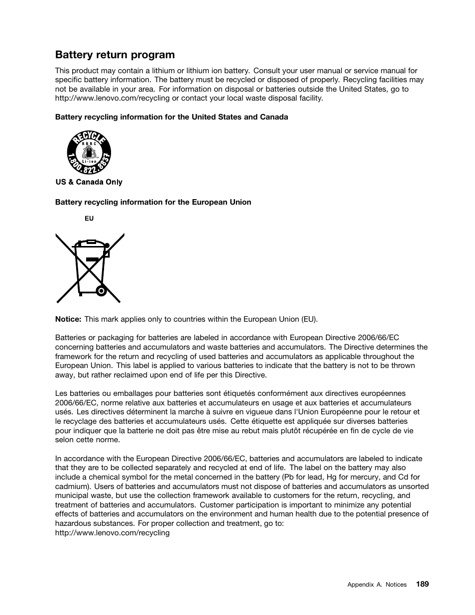 Battery return program | Lenovo ThinkServer TS430 User Manual | Page 201 / 222