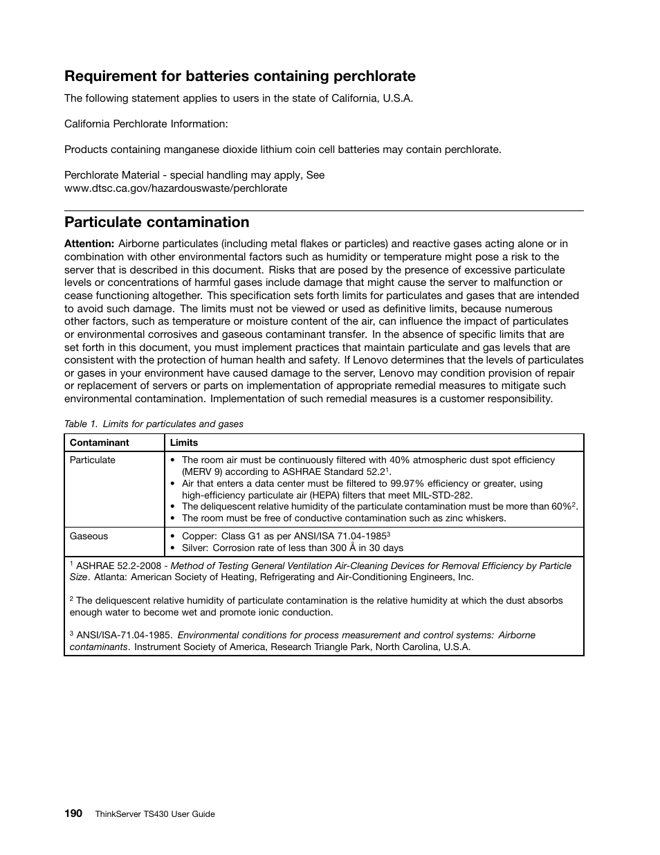 Requirement for batteries containing perchlorate, Particulate contamination | Lenovo ThinkServer TS430 User Manual | Page 202 / 222