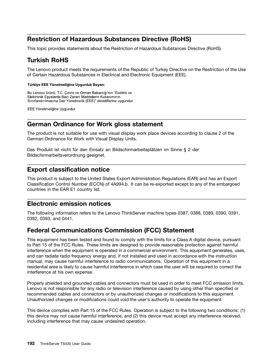 Turkish rohs, German ordinance for work gloss statement, Export classification notice | Electronic emission notices, Federal communications commission (fcc) statement | Lenovo ThinkServer TS430 User Manual | Page 204 / 222