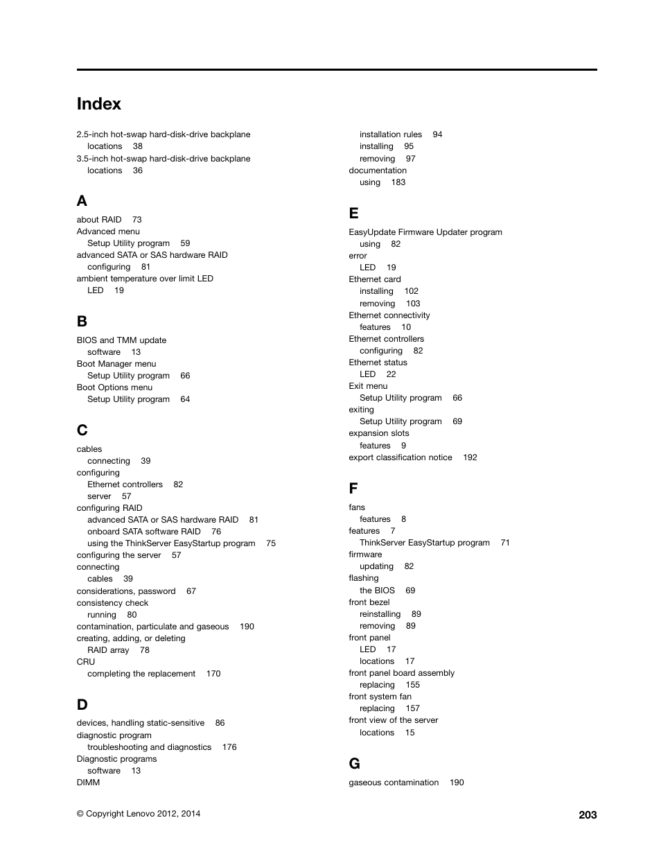 Index | Lenovo ThinkServer TS430 User Manual | Page 215 / 222