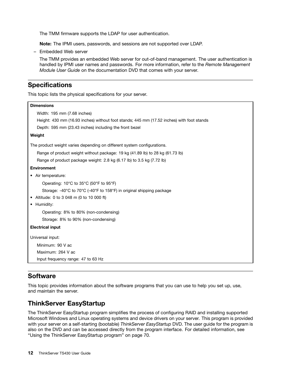 Specifications, Software, Thinkserver easystartup | Lenovo ThinkServer TS430 User Manual | Page 24 / 222