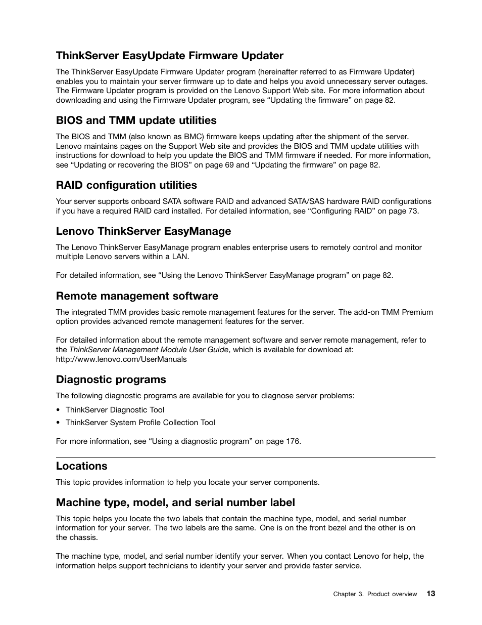 Thinkserver easyupdate firmware updater, Bios and tmm update utilities, Raid configuration utilities | Lenovo thinkserver easymanage, Remote management software, Diagnostic programs, Locations, Machine type, model, and serial number label | Lenovo ThinkServer TS430 User Manual | Page 25 / 222