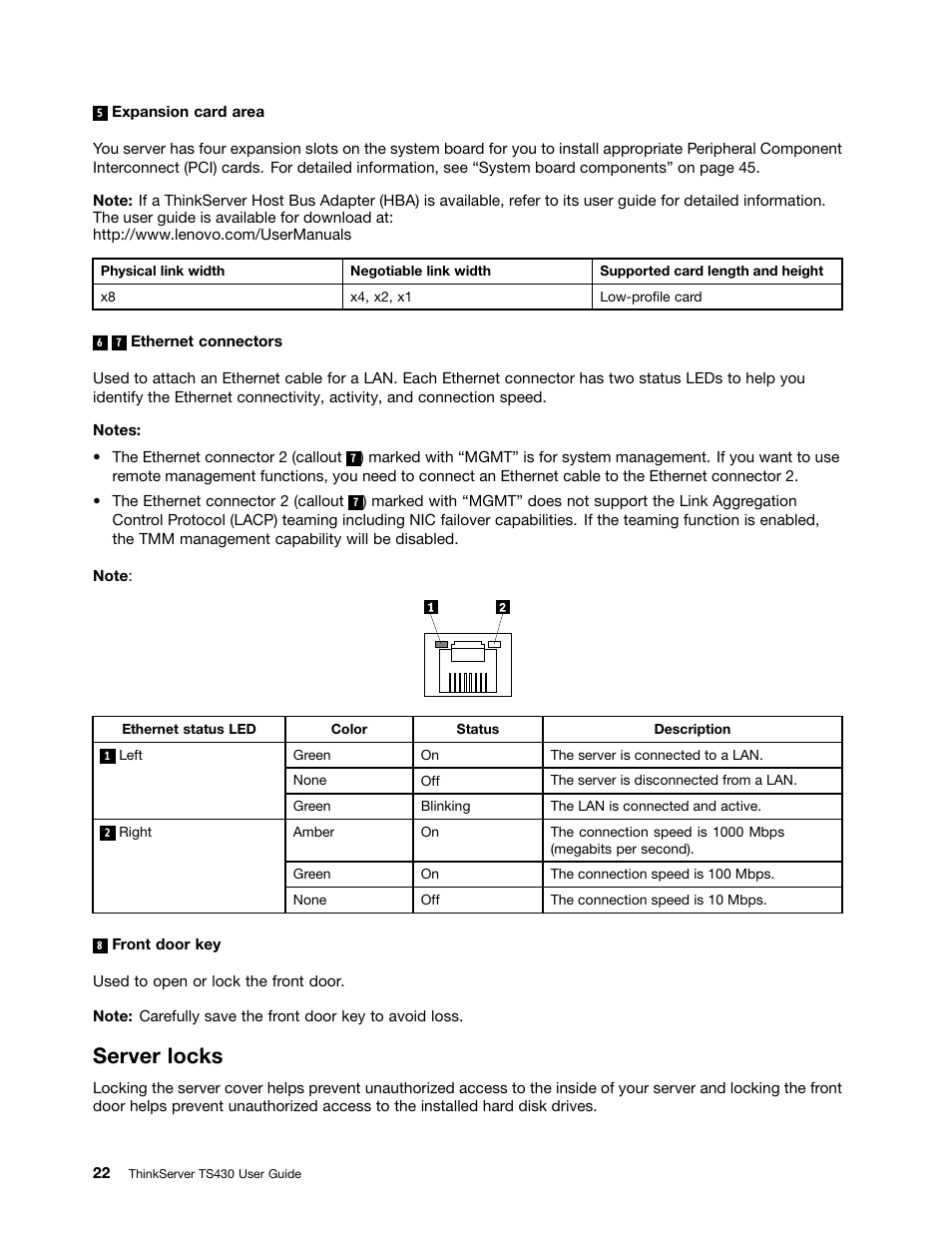 Server locks | Lenovo ThinkServer TS430 User Manual | Page 34 / 222