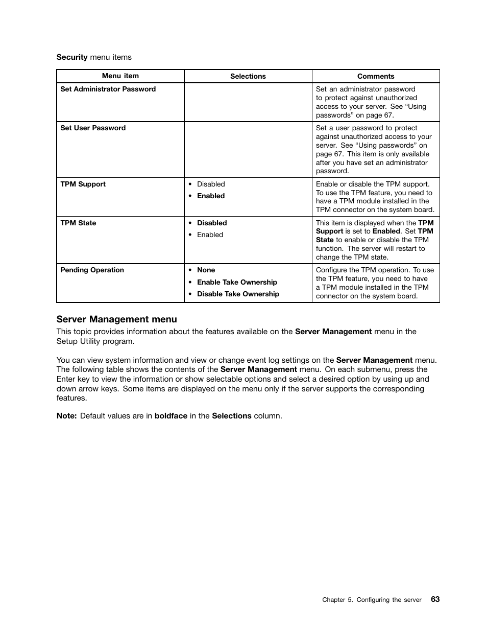 Server management menu | Lenovo ThinkServer TS430 User Manual | Page 75 / 222