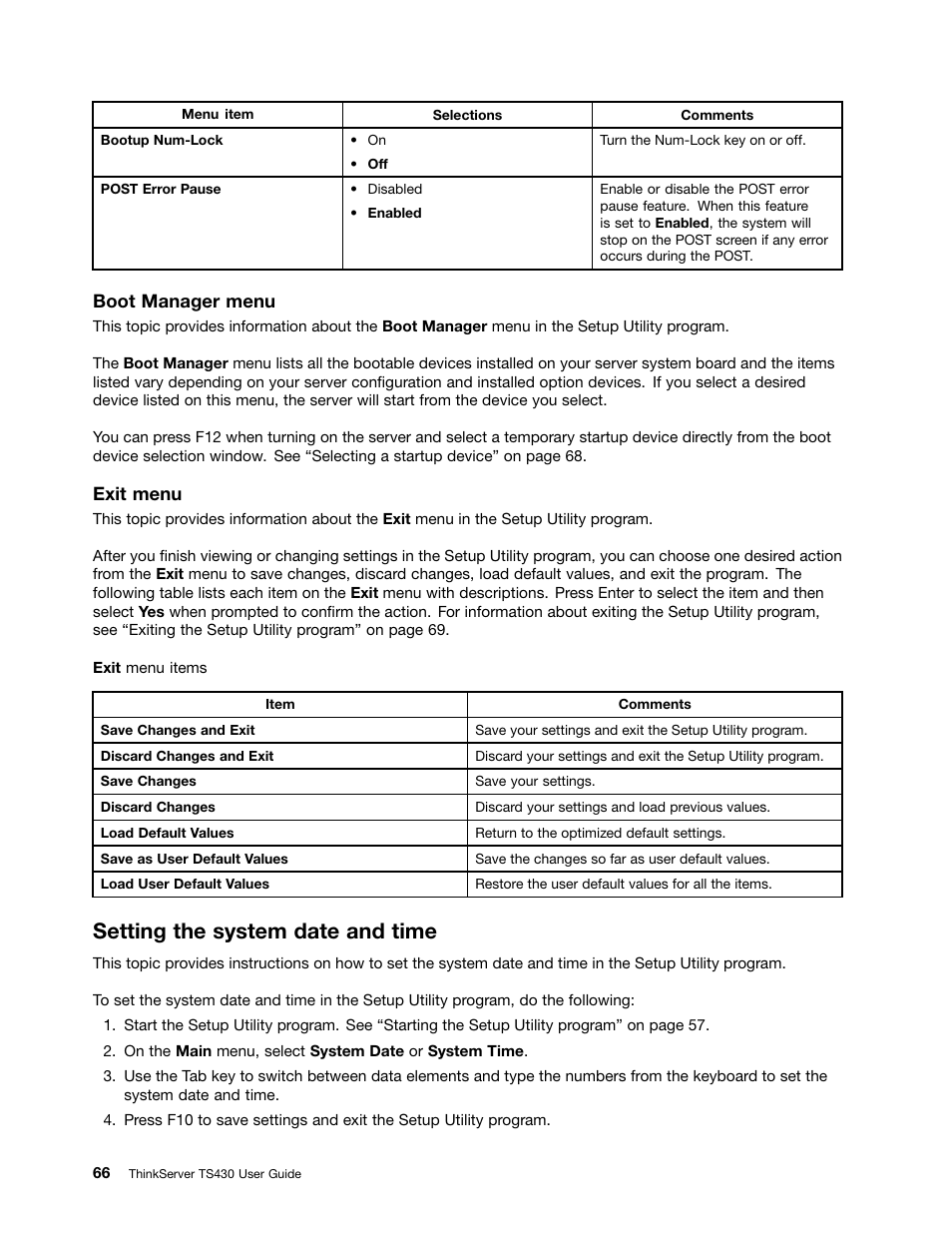 Setting the system date and time, Boot manager menu, Exit menu | Lenovo ThinkServer TS430 User Manual | Page 78 / 222