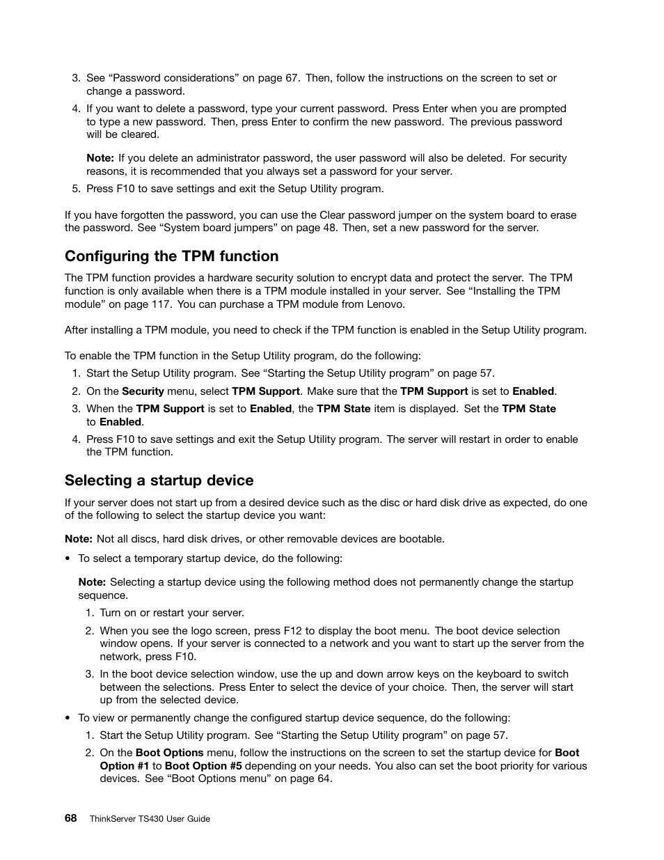 Configuring the tpm function, Selecting a startup device | Lenovo ThinkServer TS430 User Manual | Page 80 / 222