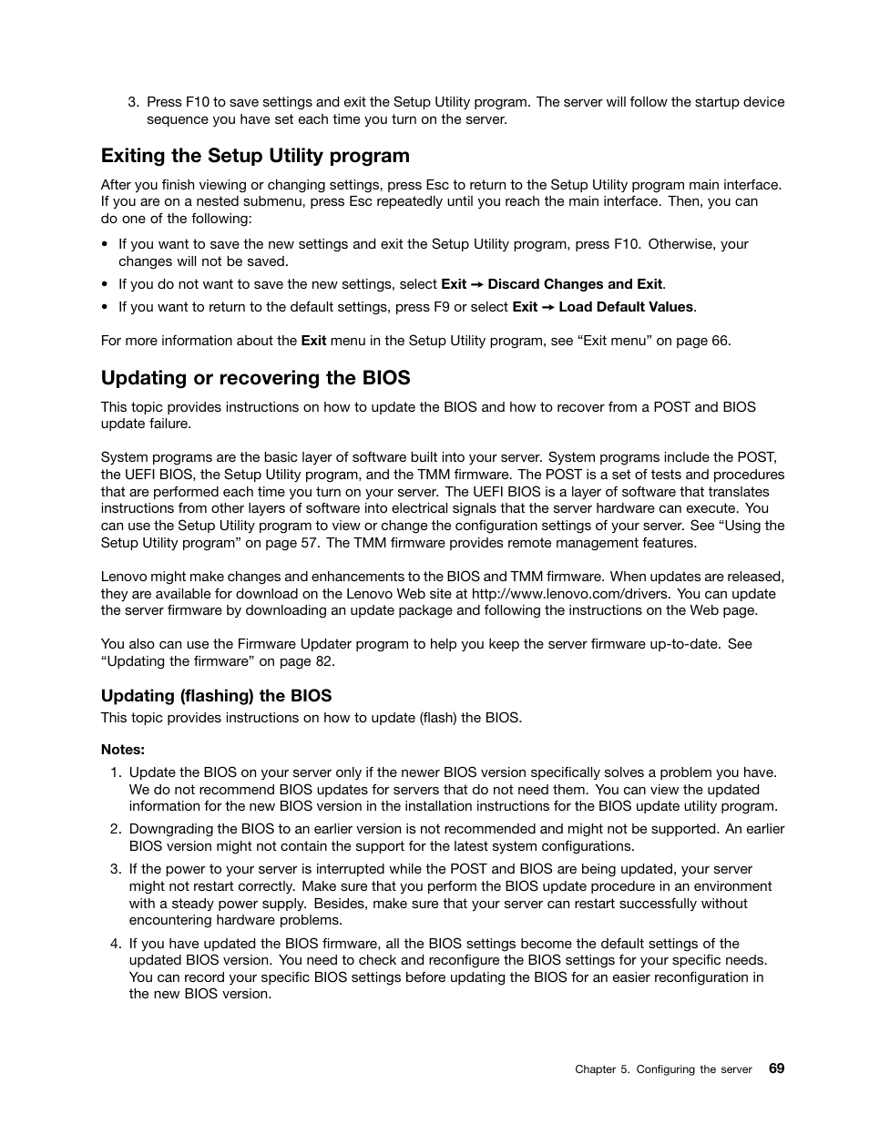 Exiting the setup utility program, Updating or recovering the bios | Lenovo ThinkServer TS430 User Manual | Page 81 / 222