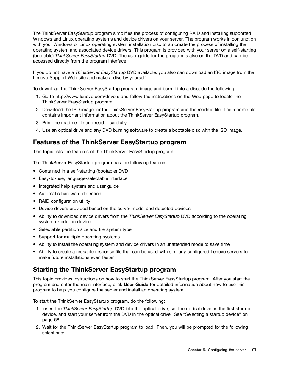 Features of the thinkserver easystartup program, Starting the thinkserver easystartup program | Lenovo ThinkServer TS430 User Manual | Page 83 / 222